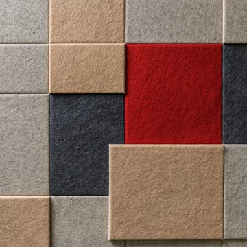 Acoustic felt panelling in grey, tan, and red, featuring a dense fibrous texture and matte finish for studio and office background assets