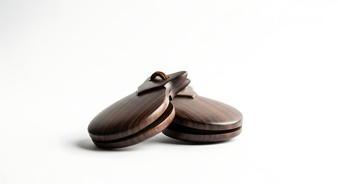 Two polished wooden castanets resting on a clean white surface for musical percussion performance with castanets smooth textures