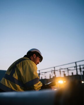 Middle Eastern man in safety gear using a gas detector at a utility substation, featuring a matte finish and cool blue hour light for EHS software and contractors, with copy space