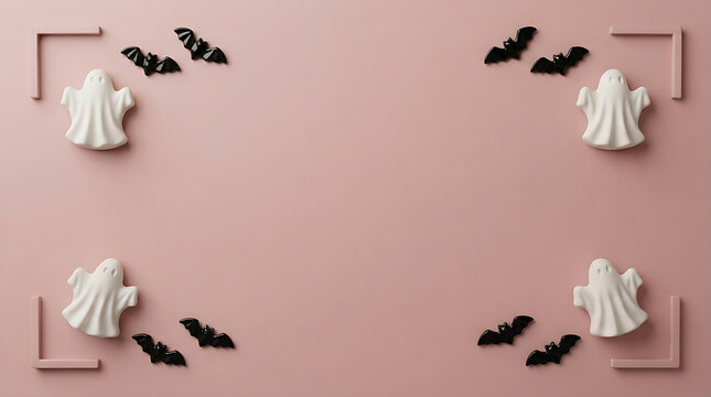 Symmetrical Halloween border frame featuring white ghost figurines and black bats on dusty pink background with modern structural corner accents and copy space.