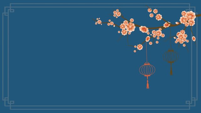 Lunar New Year traditional frame loop with cherry blossoms and a left text placeholder on a blue background.