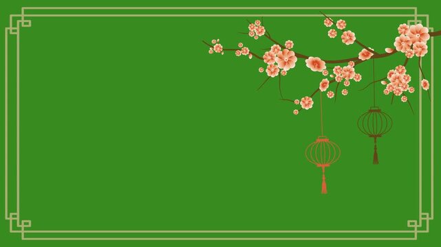 Chinese New Year peach animation with pendulum swaying lanterns and empty left copy space on a green screen.