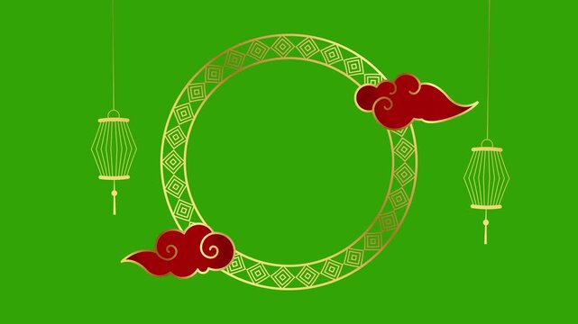 Lunar New Year golden circle drop zone for titles featuring popping clouds isolated on a green screen.