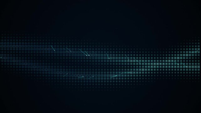 Digital stream of glowing square data points moving across dark background with subtle light flares.