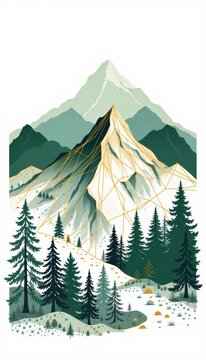 Geometric data chart mountain drawings built with tidy gold structural axis paths are framed in a clean minimalist forest green silhouette art view