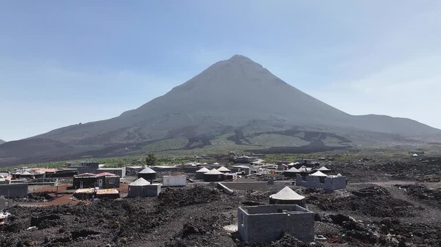 Drone Shot of Village in Lava Fields Under Volcano. Fogo Island, Cape Verde
