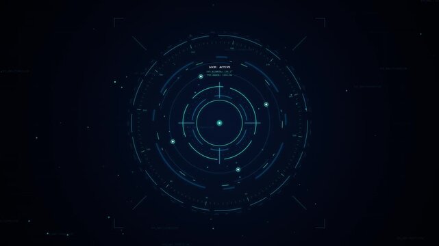 Futuristic digital hud tracking system with circular interface scanning across dark space background.