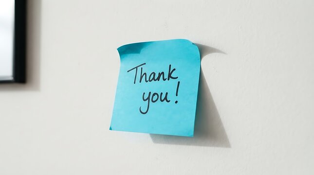 Blue sticky note with handwritten thank you message attached to a white wall
