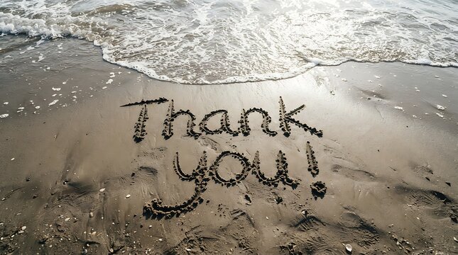 Thank you handwritten message in wet sand on the beach near ocean waves
