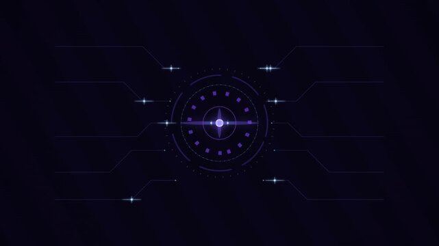 Futuristic digital interface with glowing compass and data lines in dark background, animated UI element.