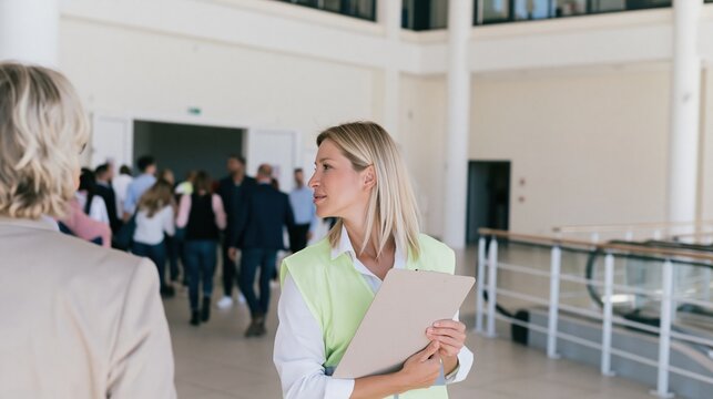 Female fire warden in a high-visibility vest guiding office workers through a bright, spacious lobby during a safety drill for corporate training and compliance