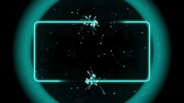 Abstract digital background with glowing cyan neon frame and constellation patterns
