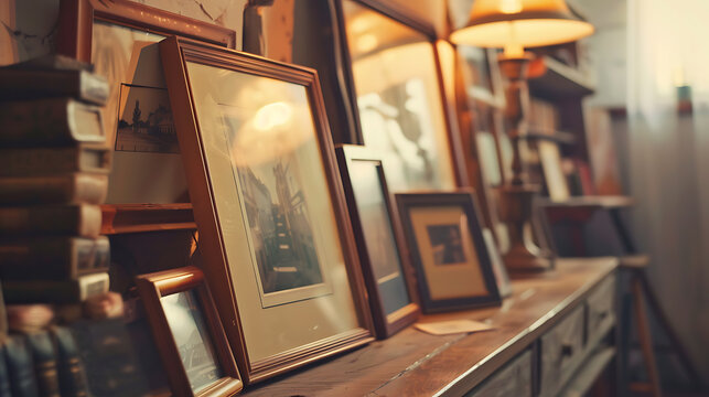 Vintage Photo Frames on Shelf in Shop Interior