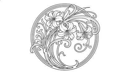 Fototapeta premium Art nouveau round floral medallion artwork featuring lily flowers and elegant vines
