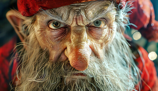 Close-Up Portrait of Scary Gnome with Long Beard and Mustache