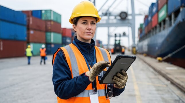 Confident harbor worker supervising port operations with a digital tablet, wearing a hard hat and high-visibility safety vest near a cargo ship and shipping containers.