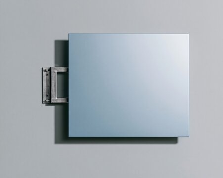 Blank powder-coated aluminium sign panel with a brushed metal bracket, featuring a smooth eggshell finish on a grey background for a mockup template