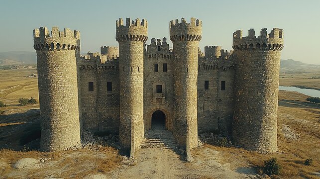 Medieval Stone Castle Fortress With Towers And Crenellations On Hilltop