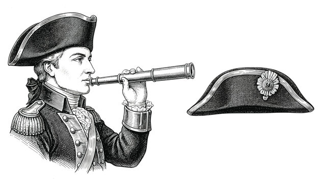 Engraving of naval commander looking through spyglass telescope beside bicorne hat