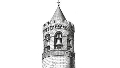 Obraz premium Vintage line art drawing of a medieval bell tower top with bells