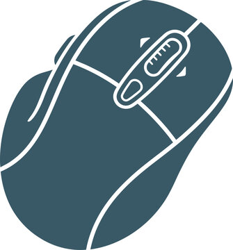 Ergonomic computer mouse vector icon featuring scroll wheel and side buttons. Ideal flat graphic for tech hardware, office work, gaming gear, PC peripherals, IT support, and web UI interface design.