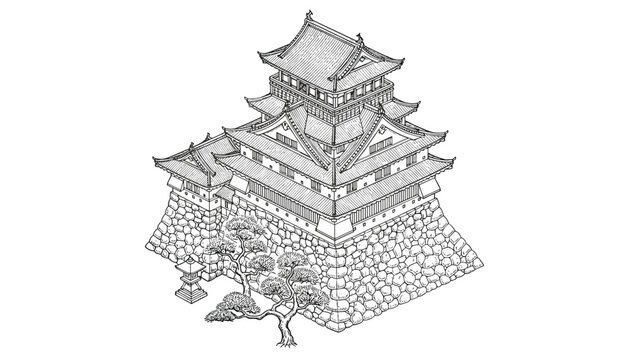 Traditional Japanese castle line art drawing in vintage style