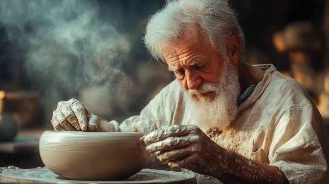 Senior Craftsman Shaping Clay on Pottery Wheel, Hands Covered in Dust