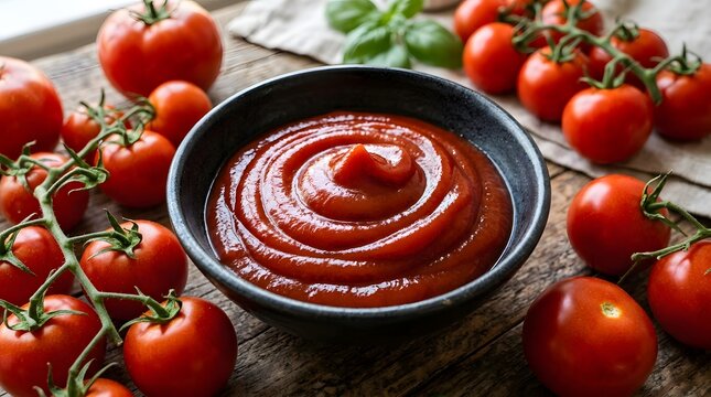 Red tomato ketchup in a black bowl surrounded by fresh vine tomatoes