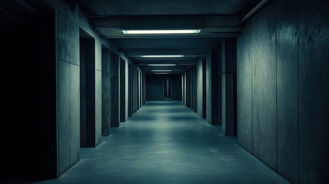 Dimly lit concrete corridor with pillars extending into the distance, casting long shadows