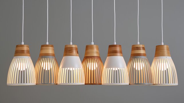 Row of seven modern pendant hanging lamps with mixed natural wood and white slotted shades against plain gray background showing contemporary scandinavian home lighting design