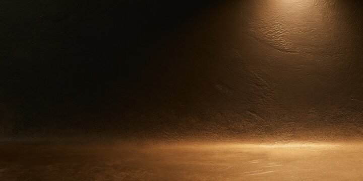 Textured dark plaster wall and floor with a warm bronze glow, featuring a soft light pool and grainy surface for product backgrounds and copy space