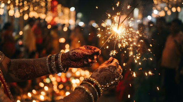 Hands with henna holding sparklers during diwali celebration