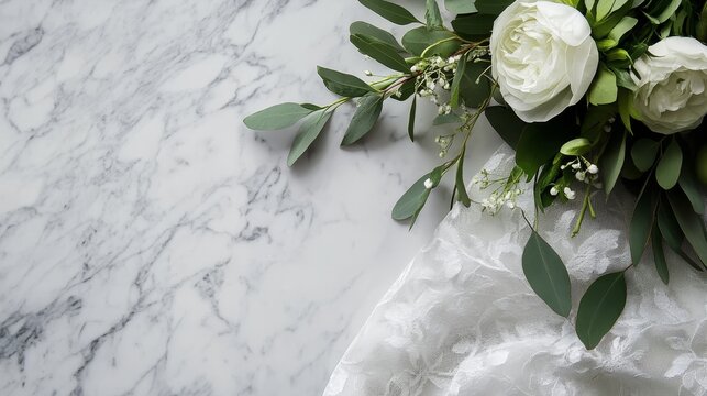 White roses with greenery on marble, next to elegant textured fabric, creating a serene and classic setting