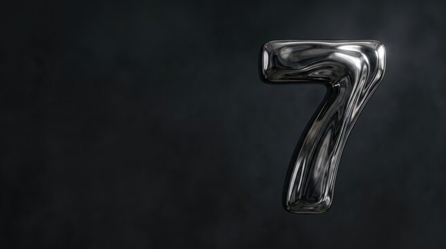 Shiny metallic number seven floating against a dark textured background. Liquid chrome typography with smooth curves and reflections.