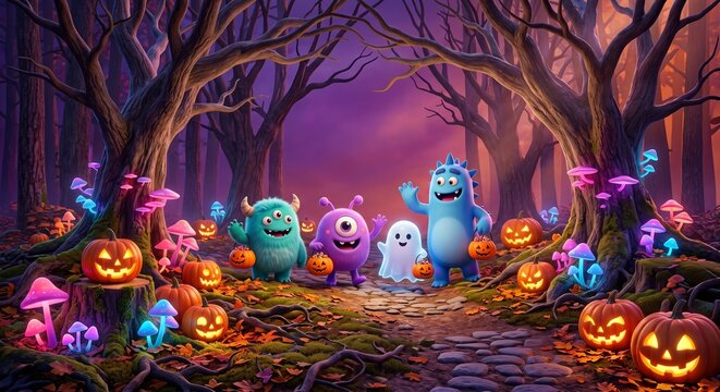 Cute Little Ghost Floating in a Pumpkin Patch 3D Render