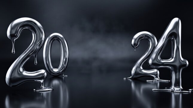 Liquid silver numbers forming twenty twenty four on dark surface. Abstract metallic typography with glossy texture and smooth reflections.