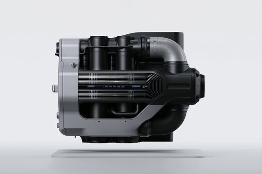 Modern high performance heavy duty industrial engine with black silver metallic body internal piping and blue led accent light against plain white background