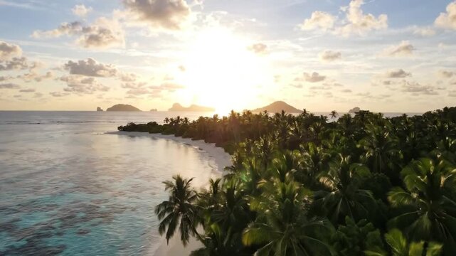 Aerial View of Tropical Island Coastline at Sunset with Palm Trees and Turquoise Ocean Waters