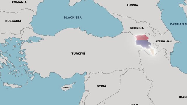 4K animation of a map of the South Caucasus with Armenia highlighted in the colors of the Armenian national flag.