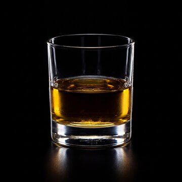 Clear Glass Whiskey Tumbler Amber Liquid Refraction Isolated Black