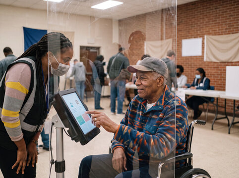 Senior disabled black man in wheelchair using electronic voting machine with assistance from poll worker. Accessible voting station with plexiglass shield