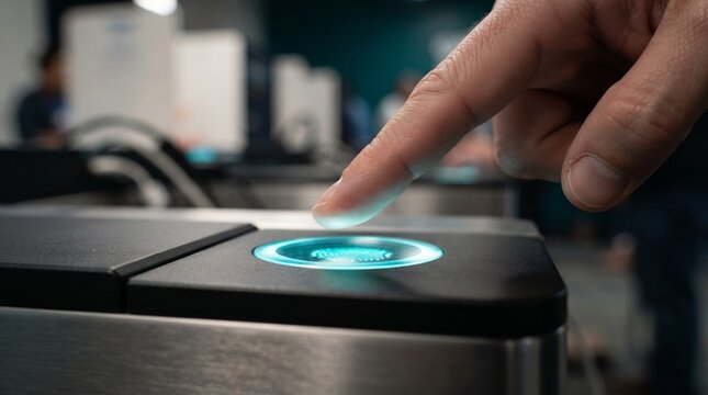 Close up of finger pressing glowing biometric fingerprint scanner. Secure identity verification and access control technology
