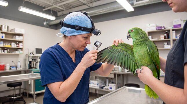 Avian Veterinarian Examining Parrot Wings Feather Health