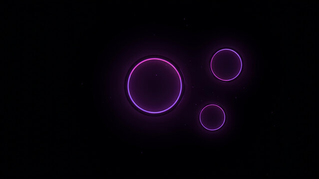 Three glowing purple neon circles arranged on a dark black background