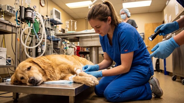 Veterinary Technician Placing Iv Catheter Golden Retriever Paw