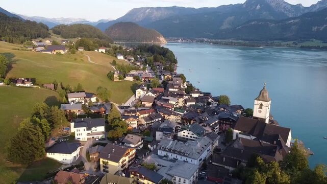 Aerial View of St. Wolfgang on Lake Wolfgangsee in Upper Austria, Salzkammergut Region 4k