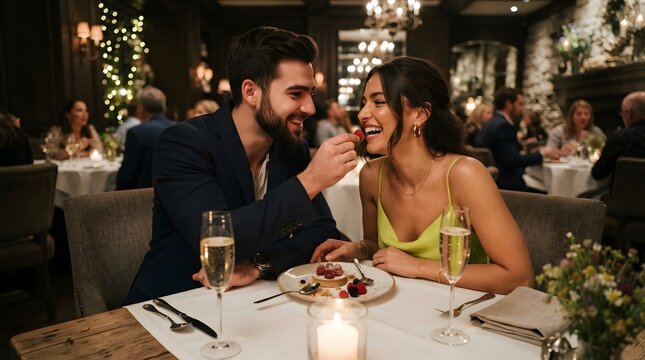 Couple enjoying romantic dinner with dessert