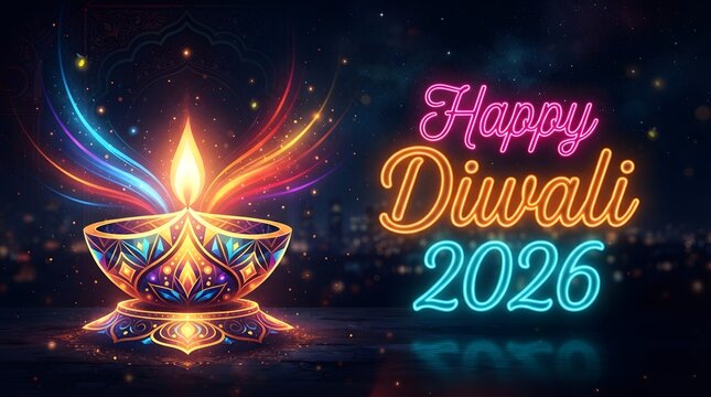 Neon style happy diwali 2026 greeting with glowing diya