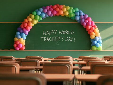 Happy world teacher's day colorful chalkboard with rainbow and desks