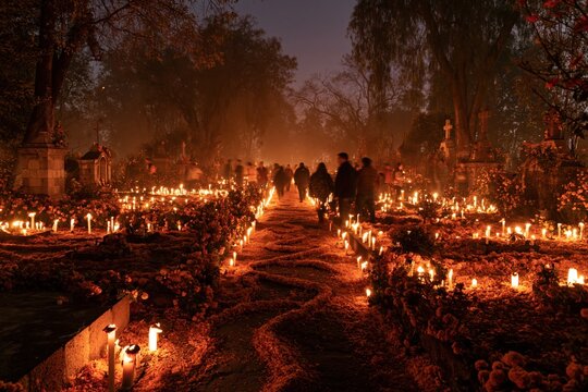 Cemetery tombs covered in glowing marigold petals and candles with visitors walking through a night observance for Day of the Dead and mourning